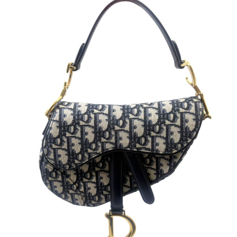 Christian Dior Saddle Bag Trotter Canvas Navy Leather Handbag for Women